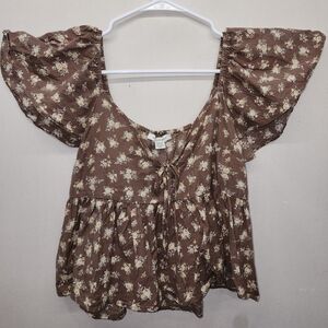 American Eagle Outfitters Brown and White Ruffled Tie Front Blouse